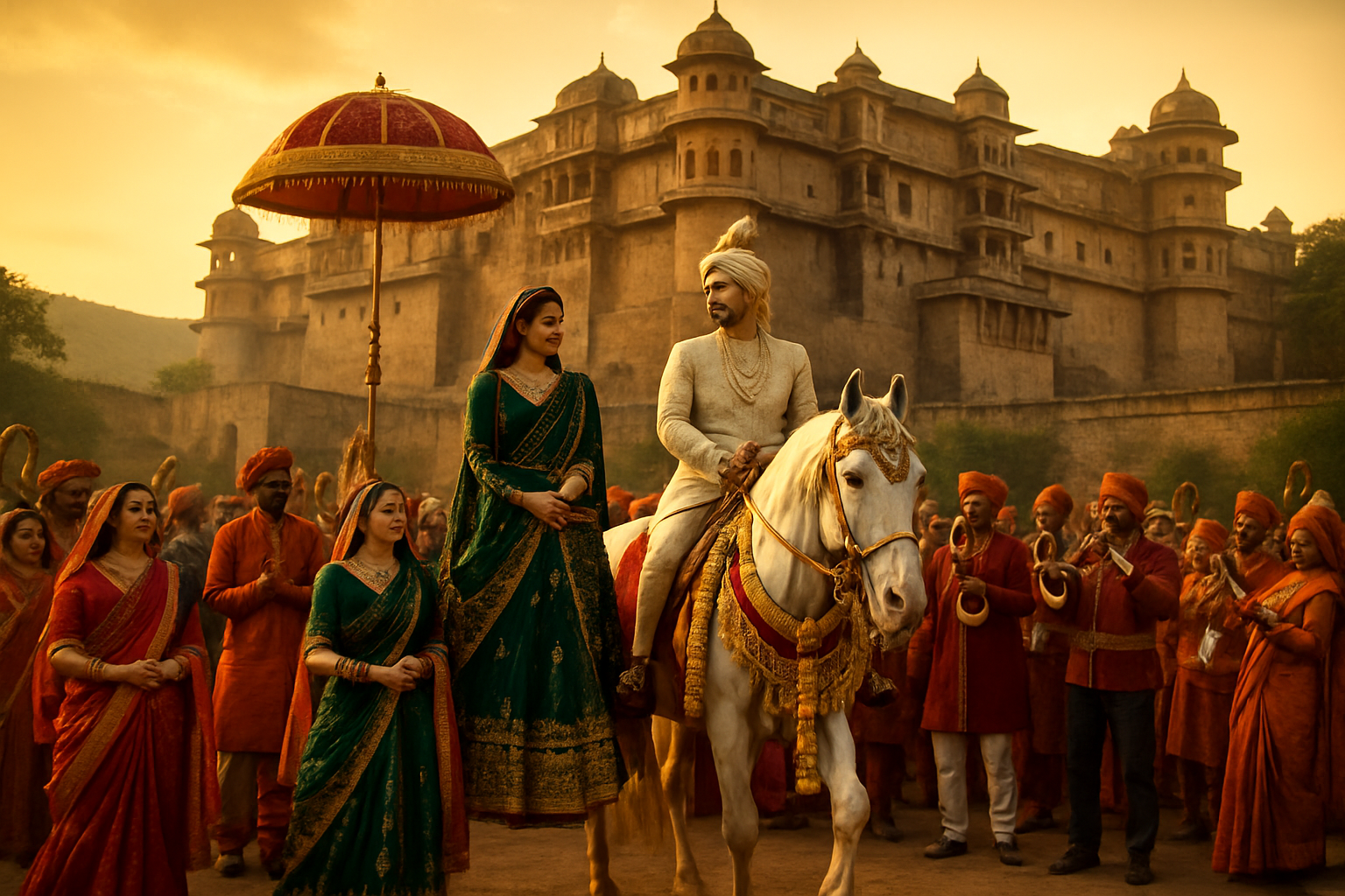 Grand baraat procession with horses and traditional music in Rajasthan